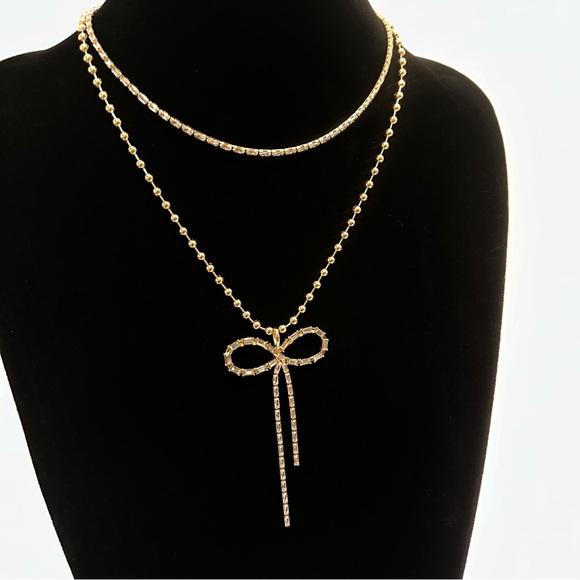 EXPRESS Gold & Baguette Rhinestone/Crystal Bow Layered Necklace NWT - Picture 11 of 14